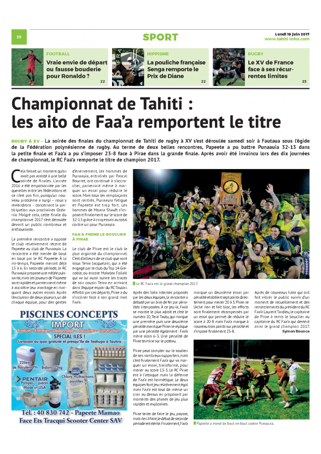 Les aito de Faa'a remportent le titre